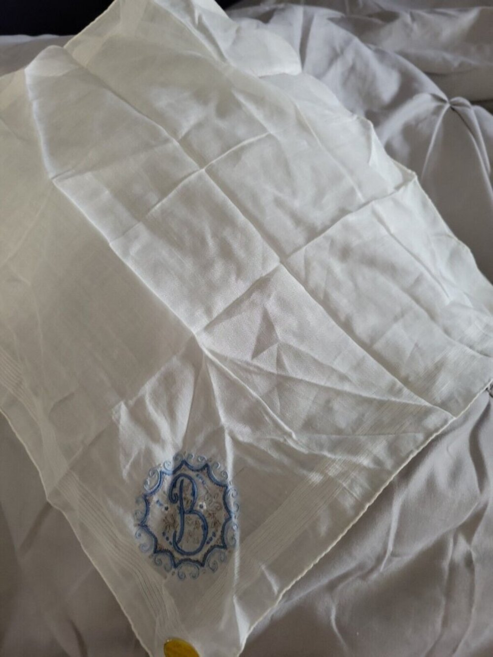 Cotton Hanky White Blue Embroidered Monogram B Label Madeira Portugal Vtg